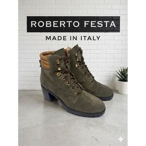 Roberto Festa Milan 💚Olive Green Suede Lace Up Block Heel Hiking Boots Italy 39